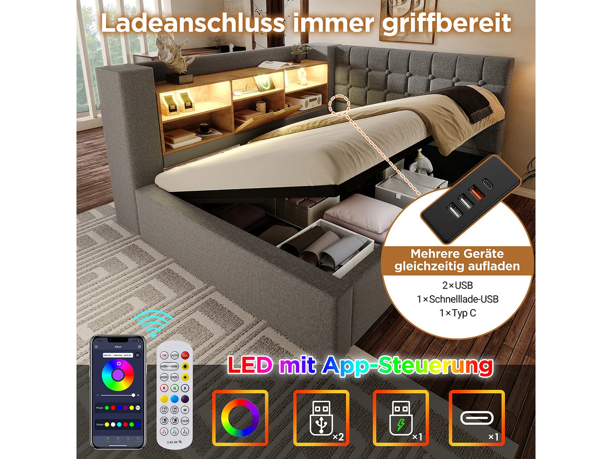 Lit Coffre 90x190 Tissu Lin Gris avec LED — vue 7