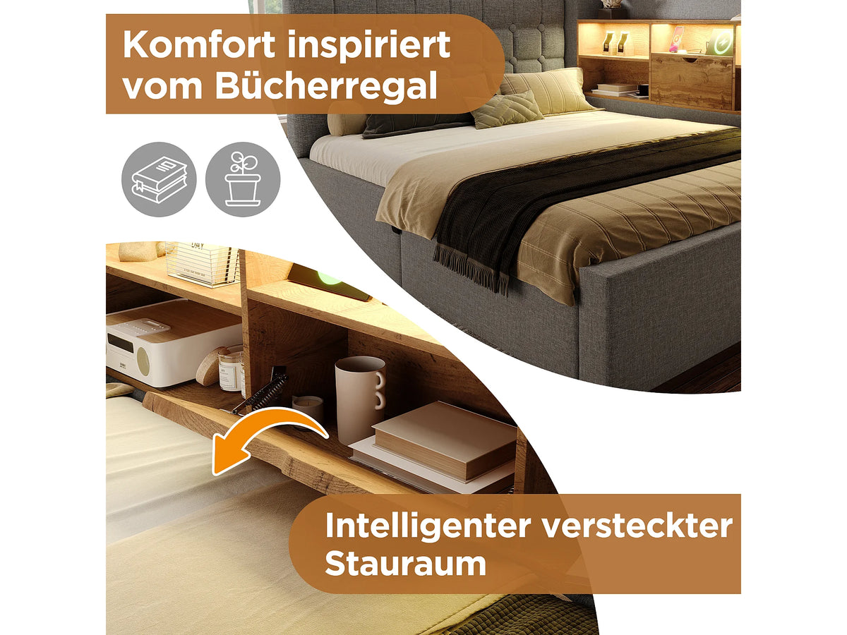 Lit Coffre 90x190 Tissu Lin Gris avec LED — vue 9