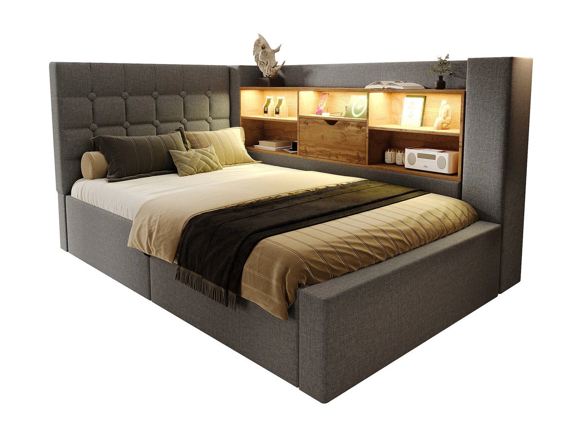 Lit Coffre 90x190 Tissu Lin Gris avec LED — vue 4