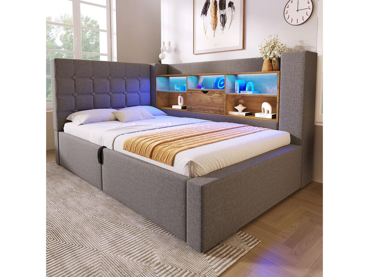 Lit Coffre 90x190 Tissu Lin Gris avec LED — vue 3