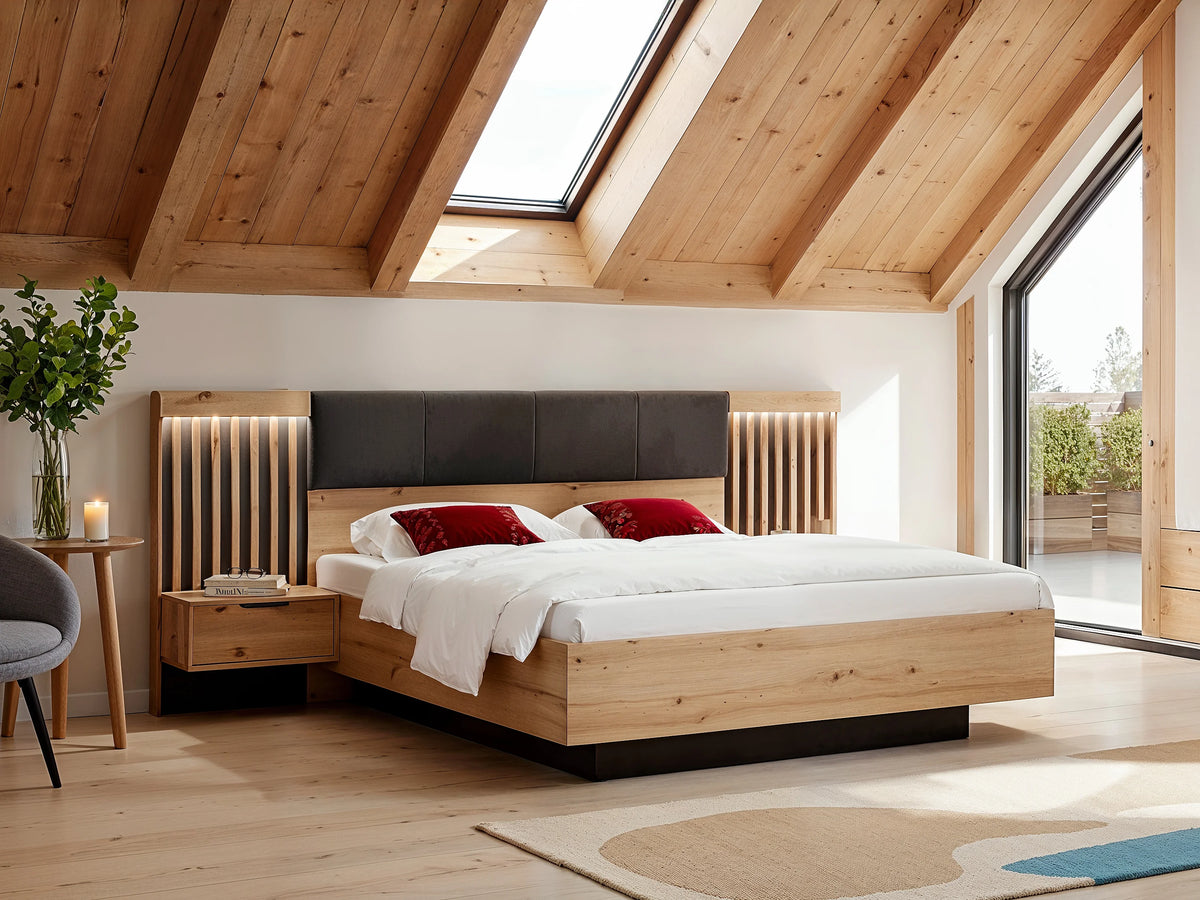 Lit Coffre 160x200 Bois Naturel clair avec Chevets, LED et Tiroirs - ARIADA — vue 2