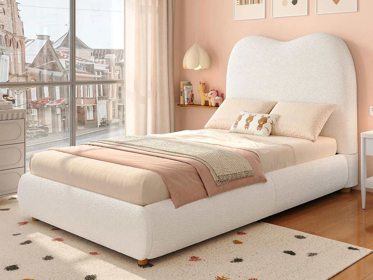 Lit Coffre 90x200 Tissu Bouclette Beige Capitonné