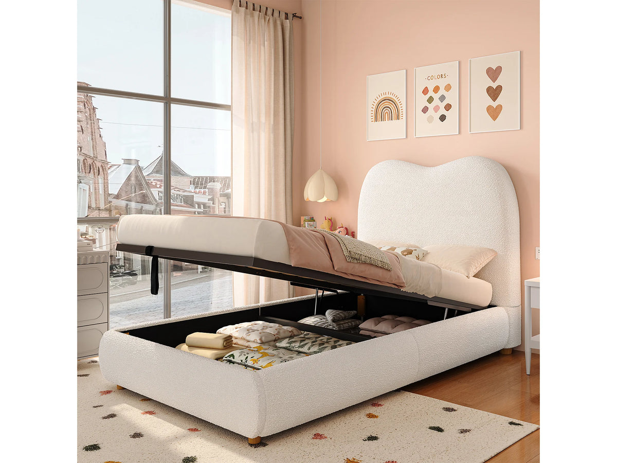 Lit Coffre 90x200 Tissu Bouclette Beige Capitonné — vue 2
