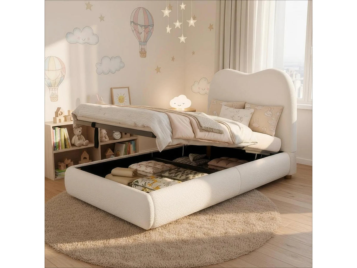 Lit Coffre 90x200 Tissu Bouclette Beige Capitonné — vue 4