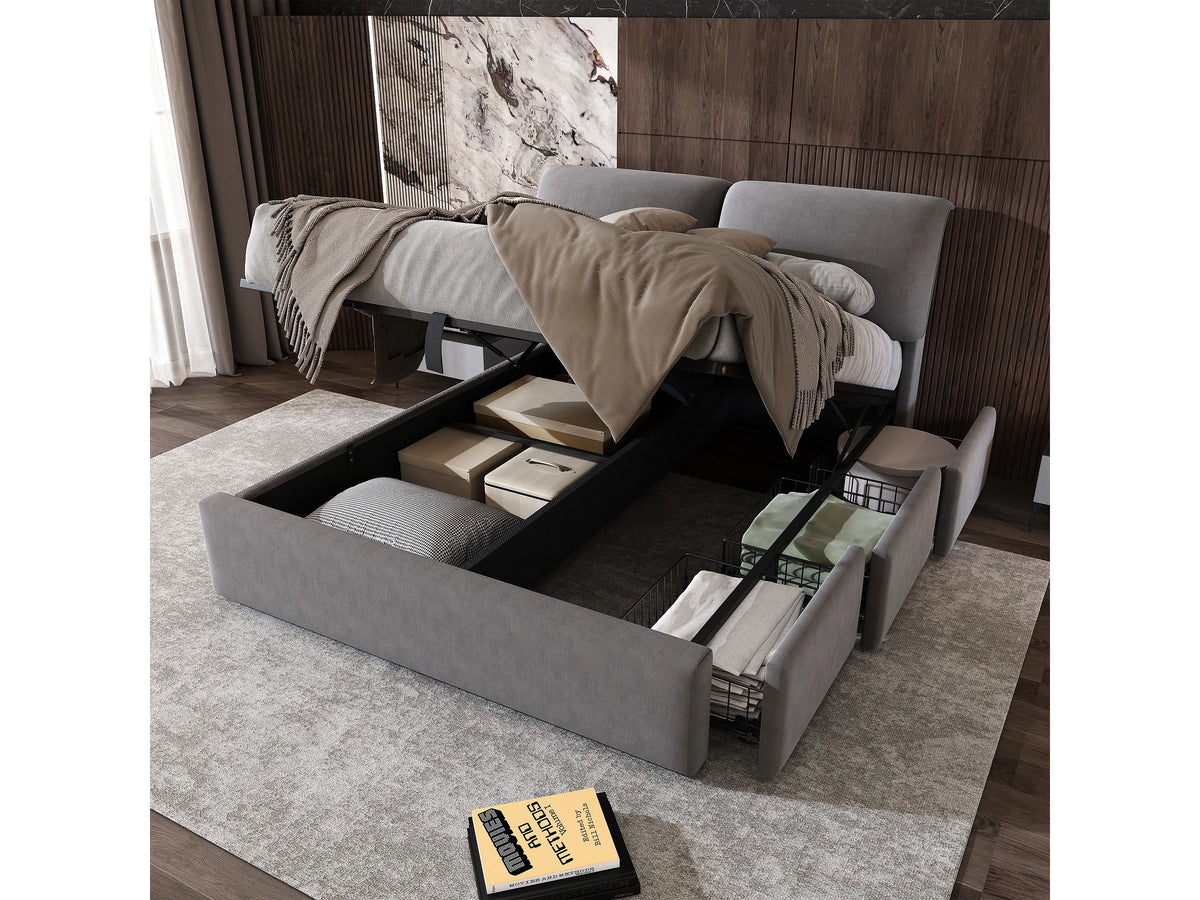 Lit Coffre 140x200 Velours Gris avec Tiroirs