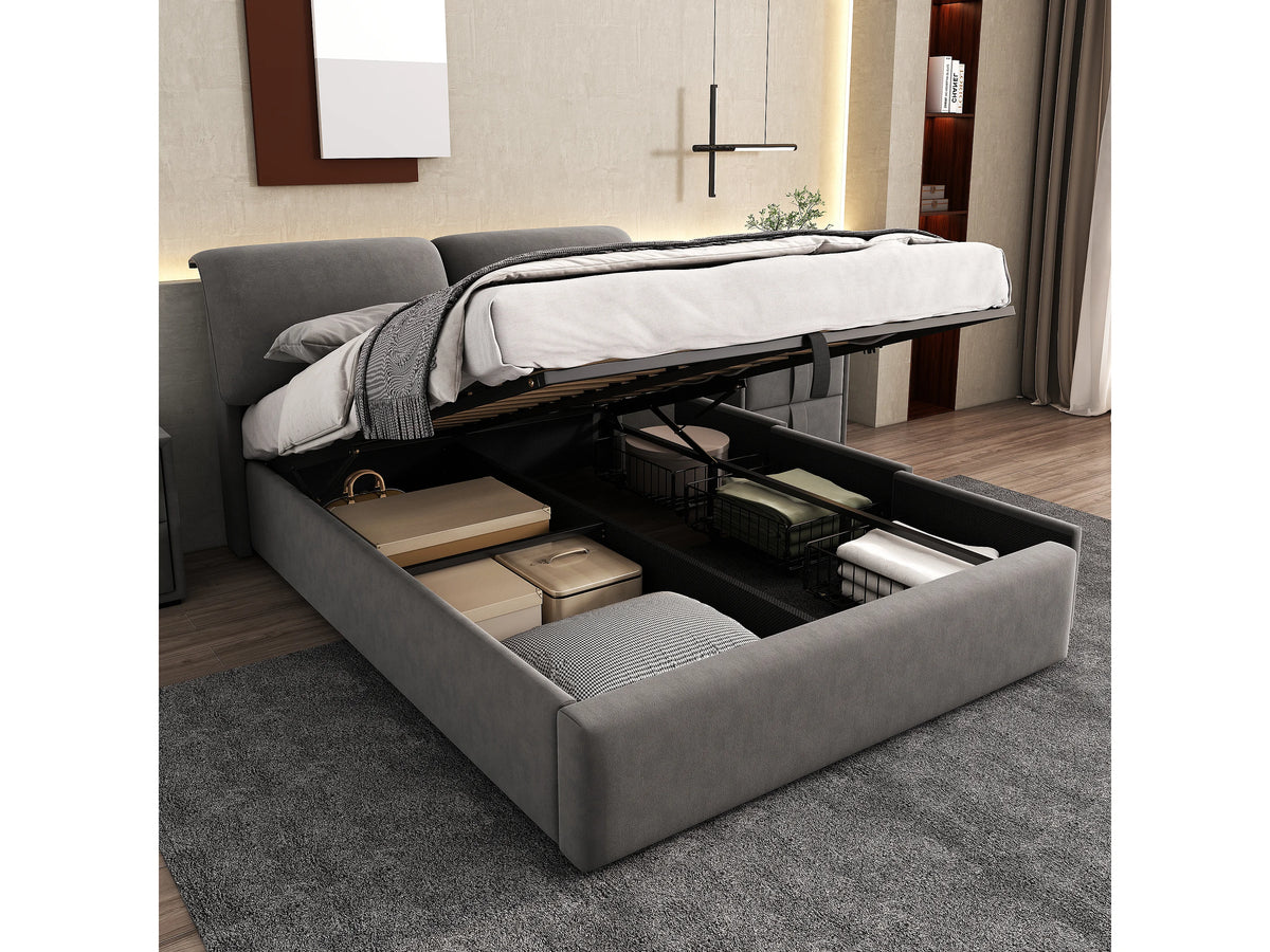Lit Coffre 140x200 Velours Gris avec Tiroirs — vue 4