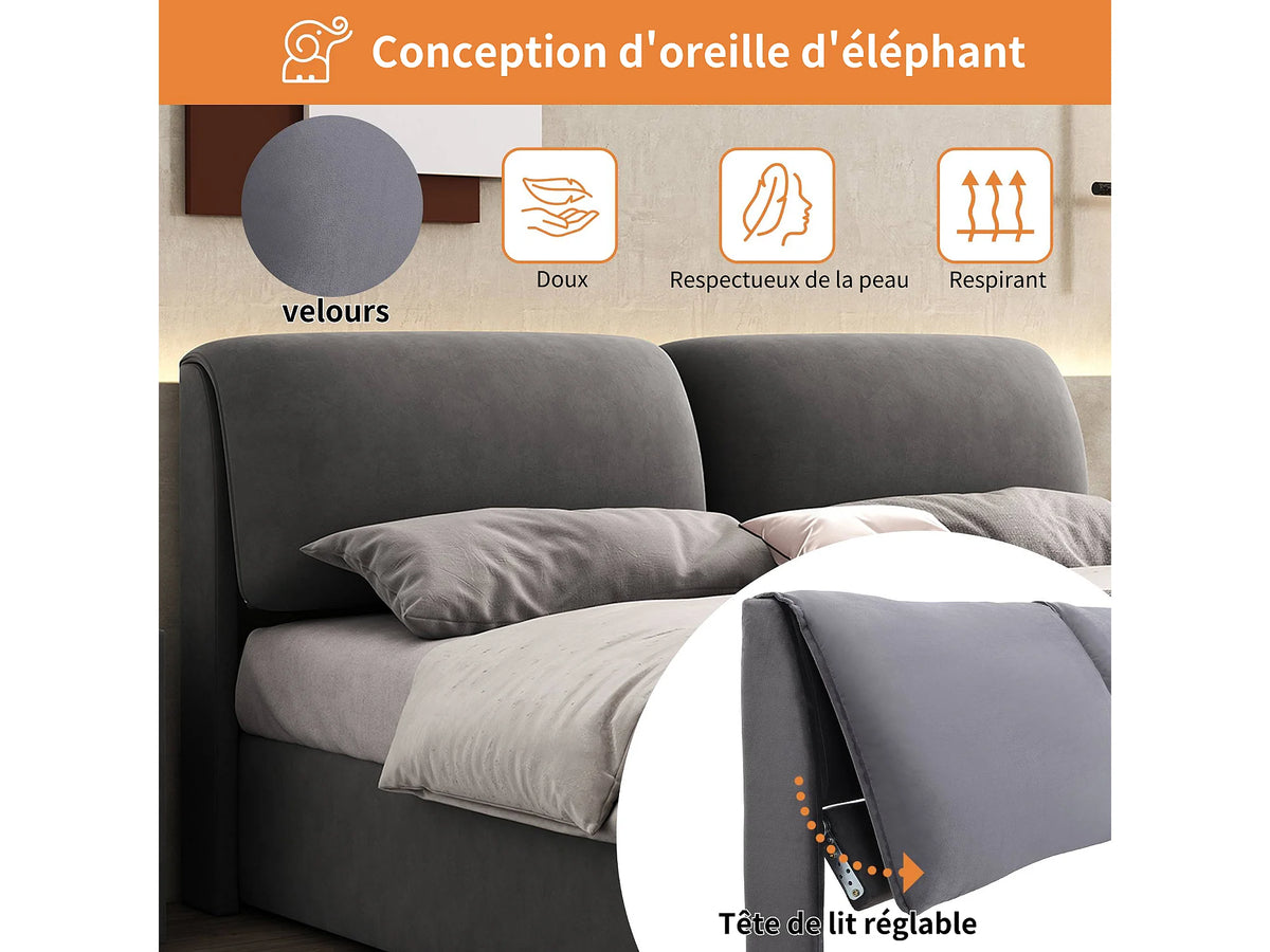 Lit Coffre 140x200 Velours Gris avec Tiroirs — vue 8