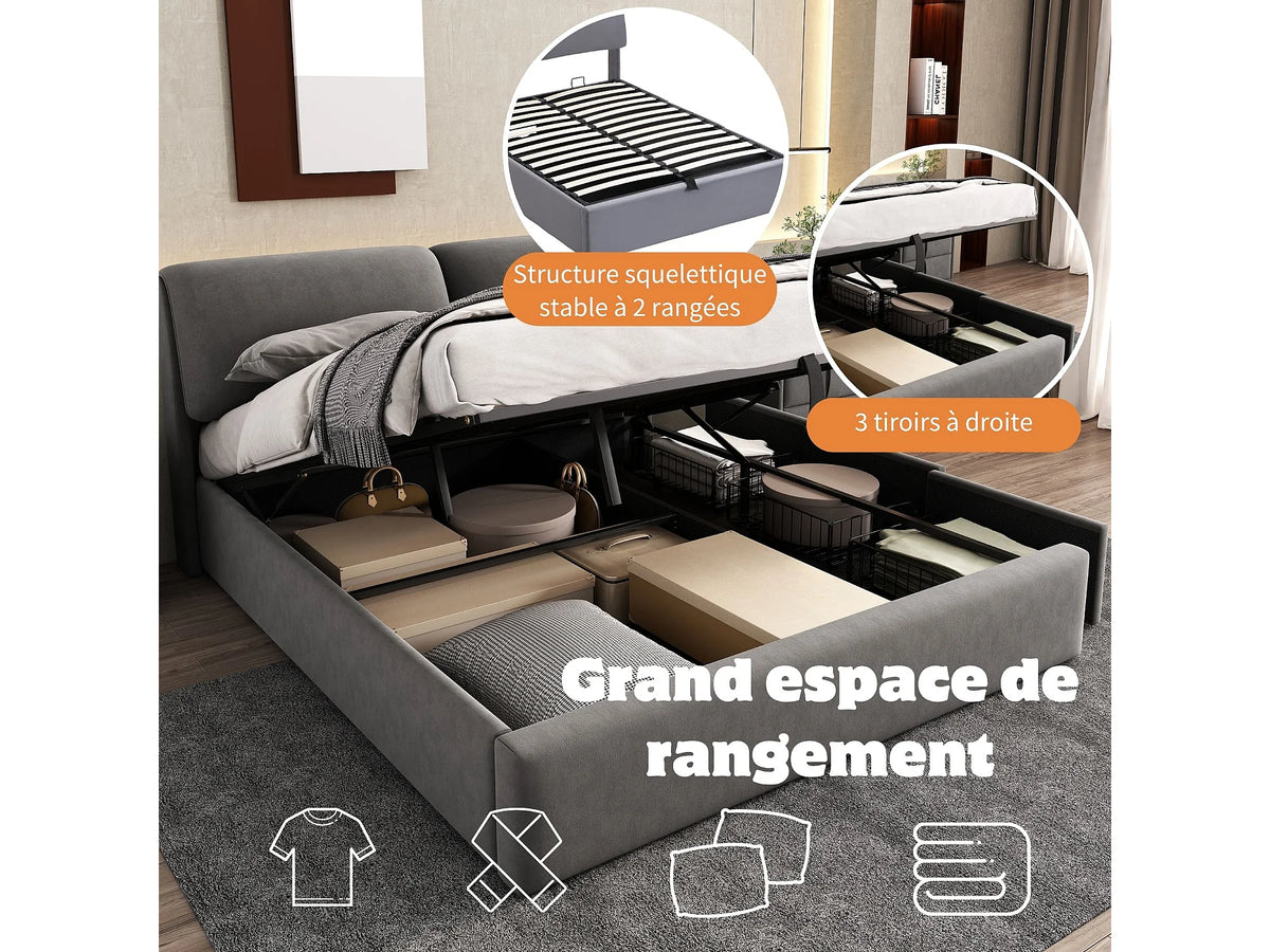 Lit Coffre 140x200 Velours Gris avec Tiroirs — vue 5