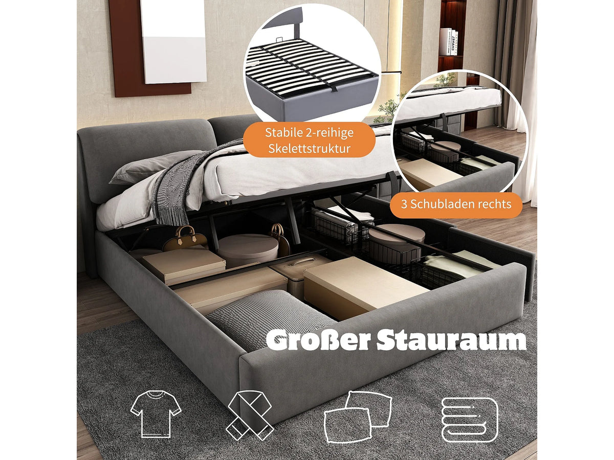 Lit Coffre 140x200 Velours Gris avec Tiroirs — vue 9