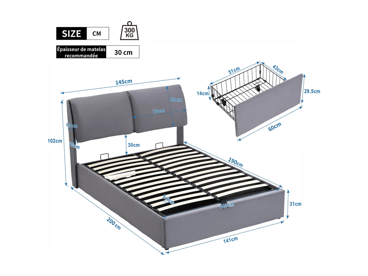 Lit Coffre 140x200 Velours Gris avec Tiroirs — vue 10