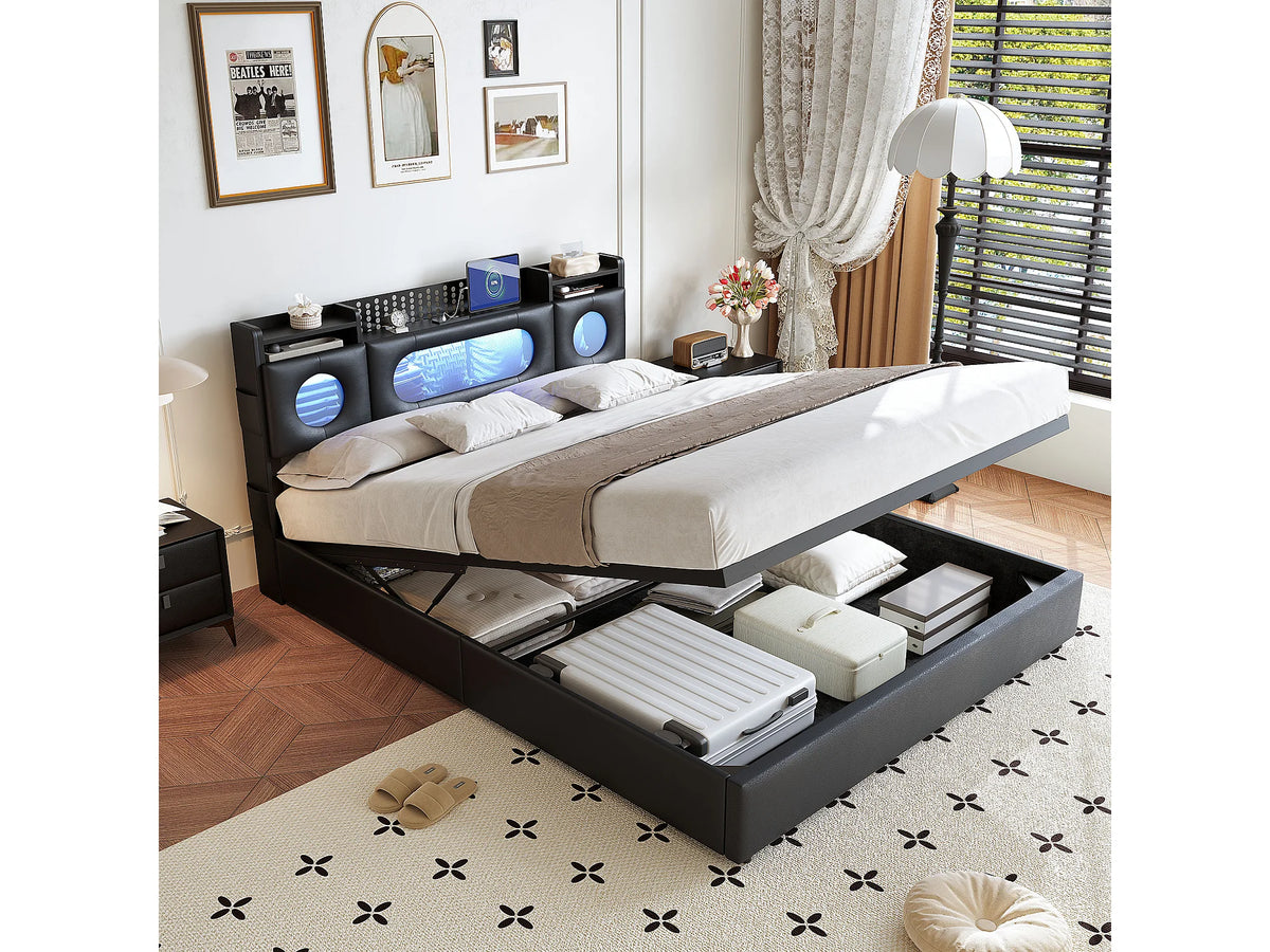 Lit Coffre 140x200 Tissu Lin Noir avec LED et Port USB