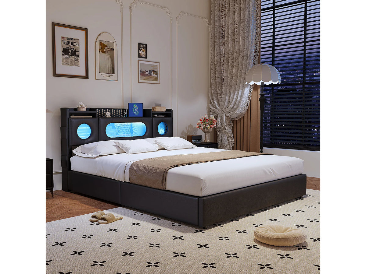 Lit Coffre 140x200 Tissu Lin Noir avec LED et Port USB — vue 3