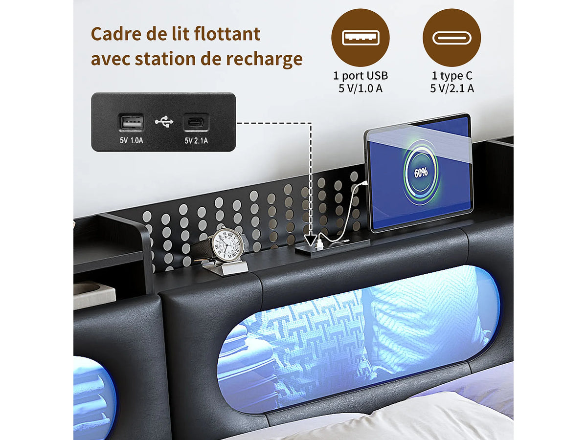 Lit Coffre 140x200 Tissu Lin Noir avec LED et Port USB — vue 8