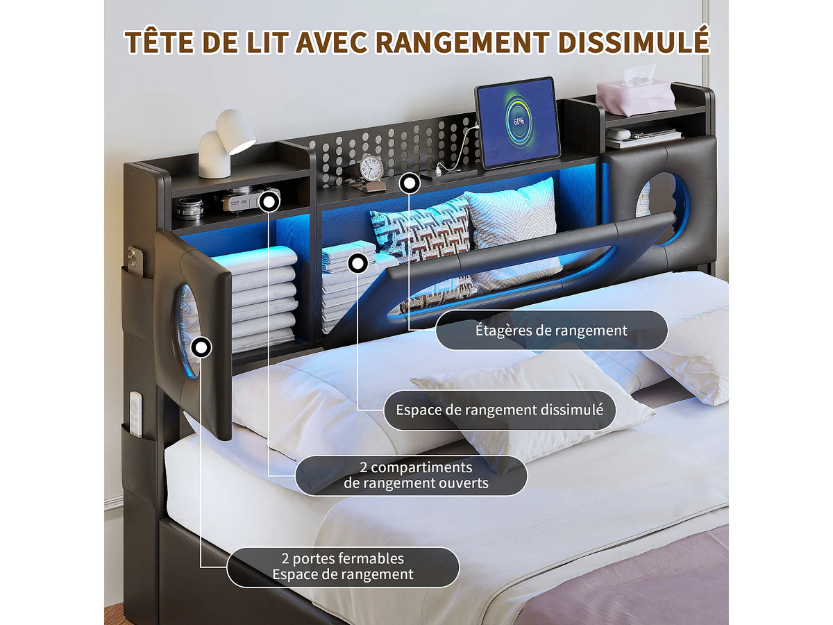 Lit Coffre 140x200 Tissu Lin Noir avec LED et Port USB — vue 9