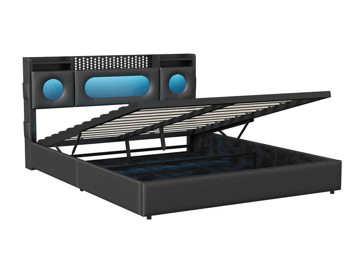 Lit Coffre 140x200 Tissu Lin Noir avec LED et Port USB — vue 5