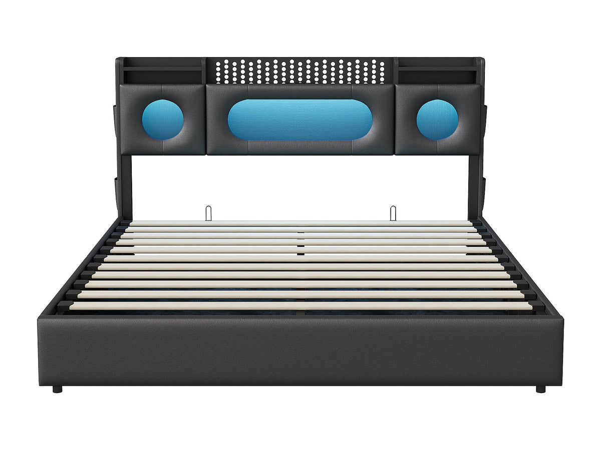Lit Coffre 140x200 Tissu Lin Noir avec LED et Port USB — vue 6