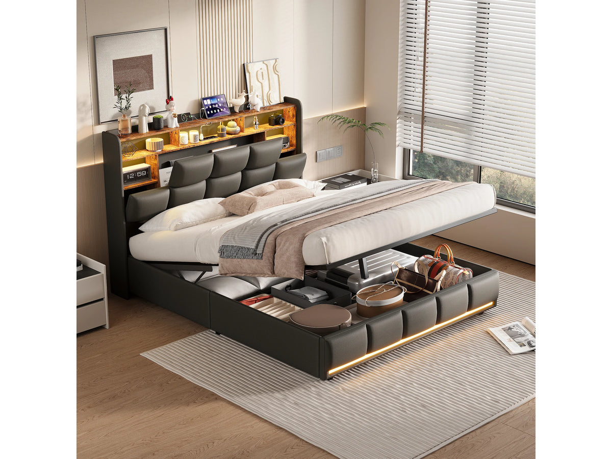 Lit Coffre 140x190 Simili Cuir Noir avec LED et Port USB