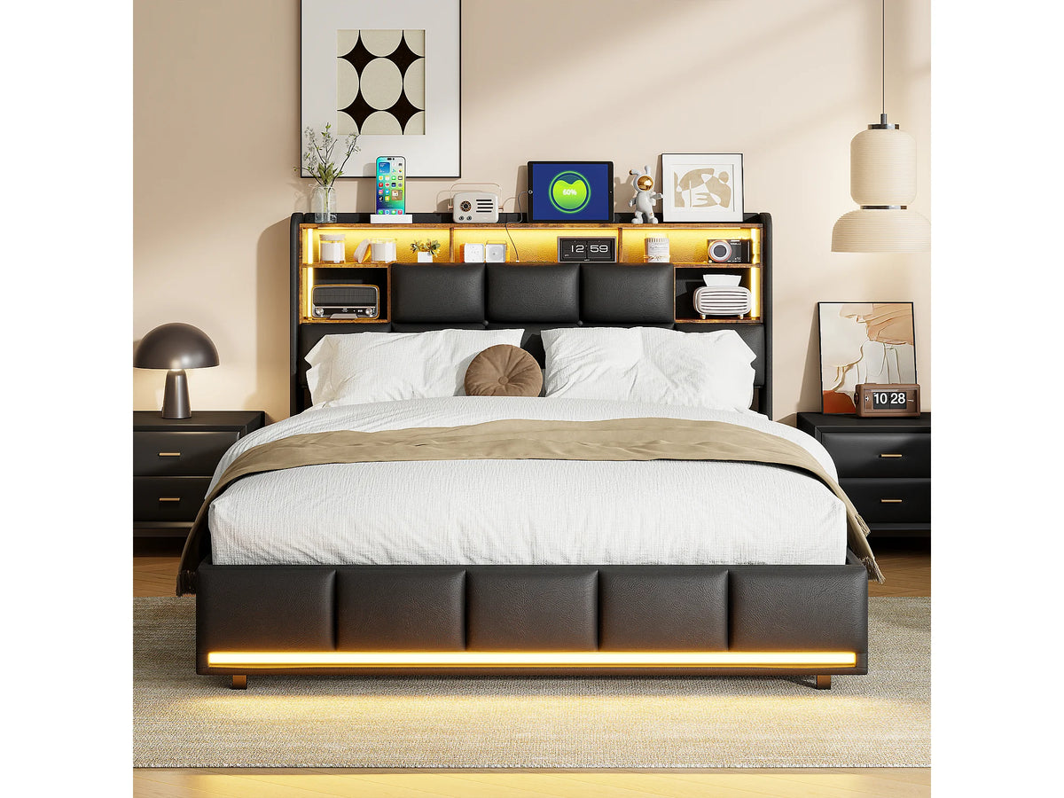 Lit Coffre 140x190 Simili Cuir Noir avec LED et Port USB — vue 3