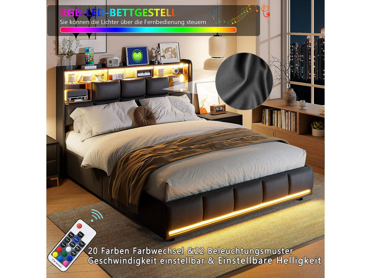Lit Coffre 140x190 Simili Cuir Noir avec LED et Port USB — vue 4