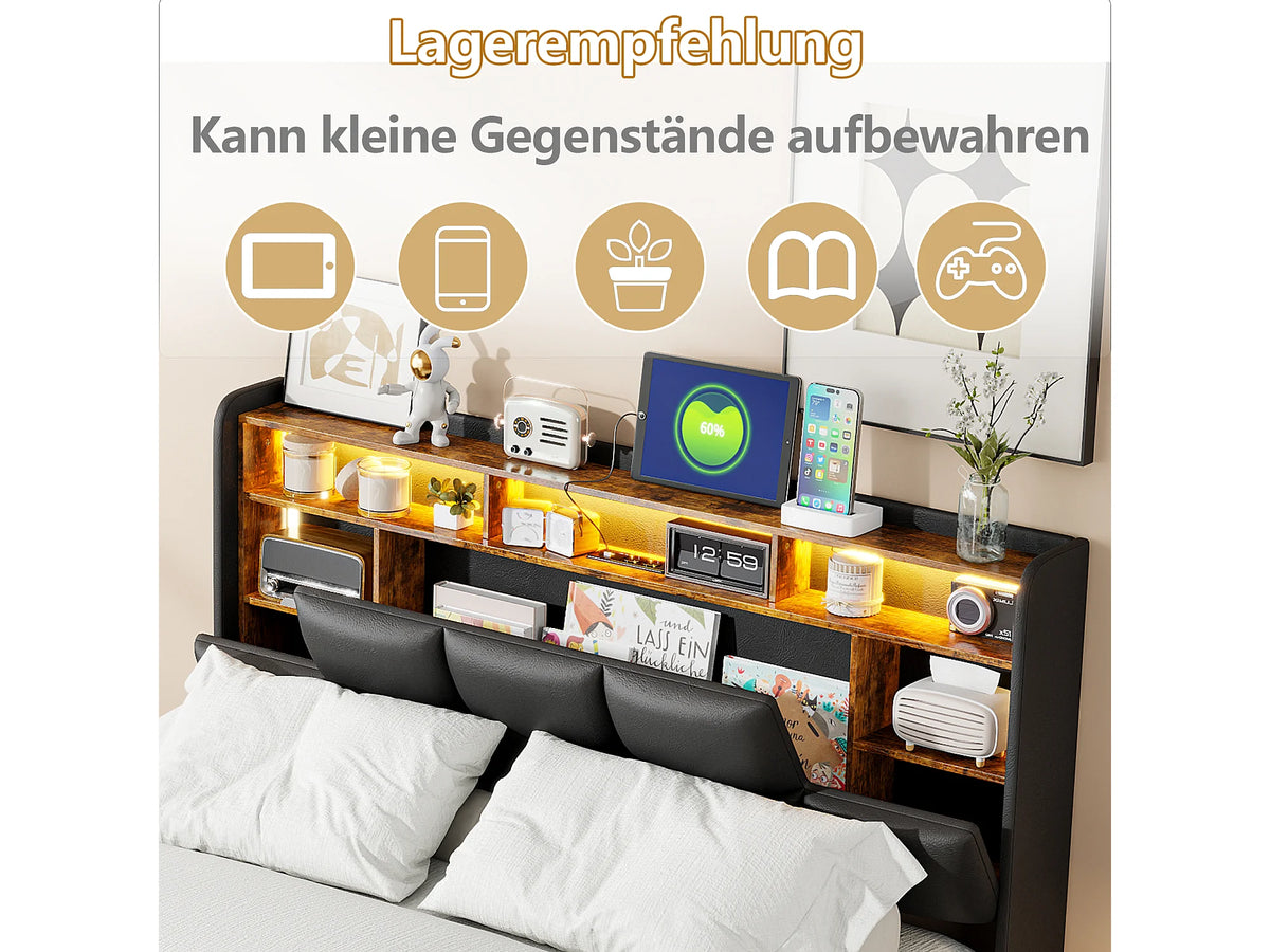 Lit Coffre 140x190 Simili Cuir Noir avec LED et Port USB — vue 7