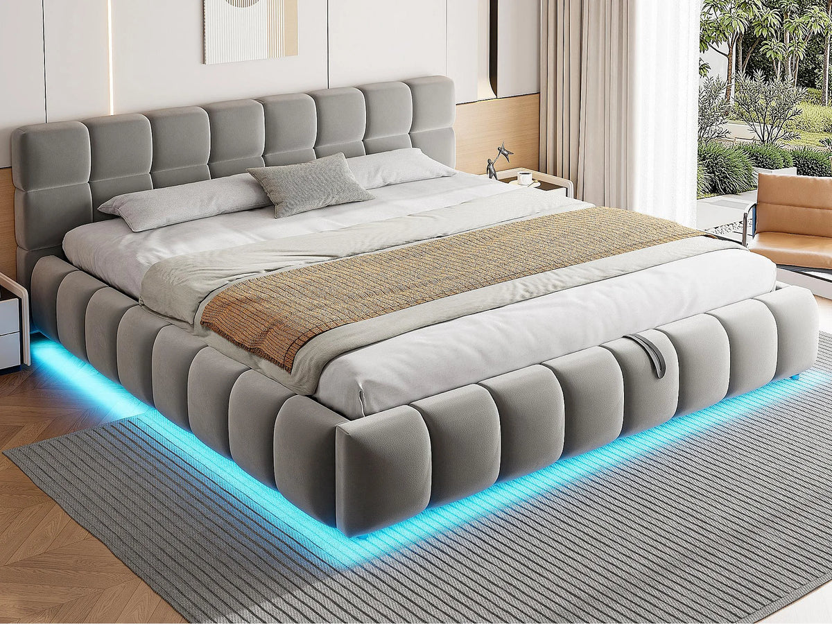 Lit Coffre 180x200 Velours Gris Capitonné avec LED