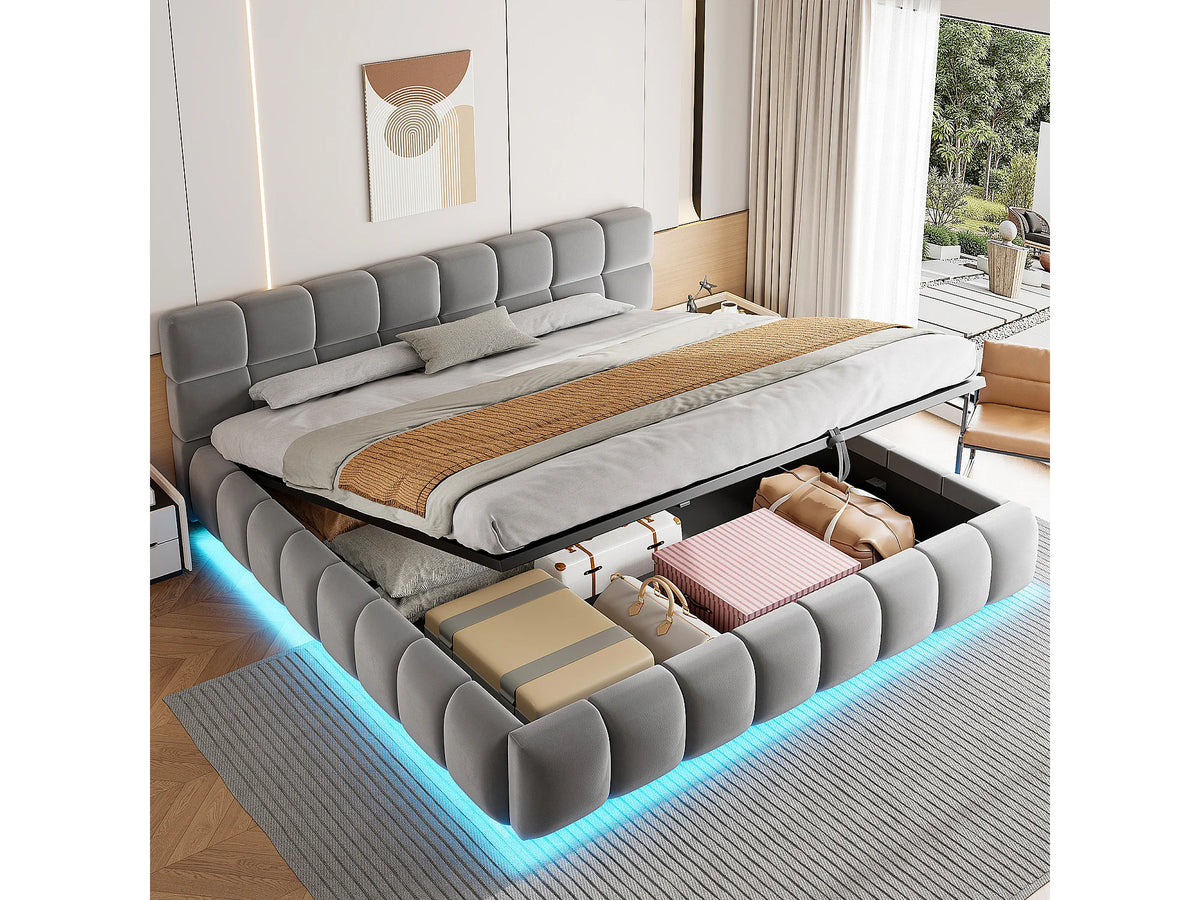 Lit Coffre 180x200 Velours Gris Capitonné avec LED — vue 3