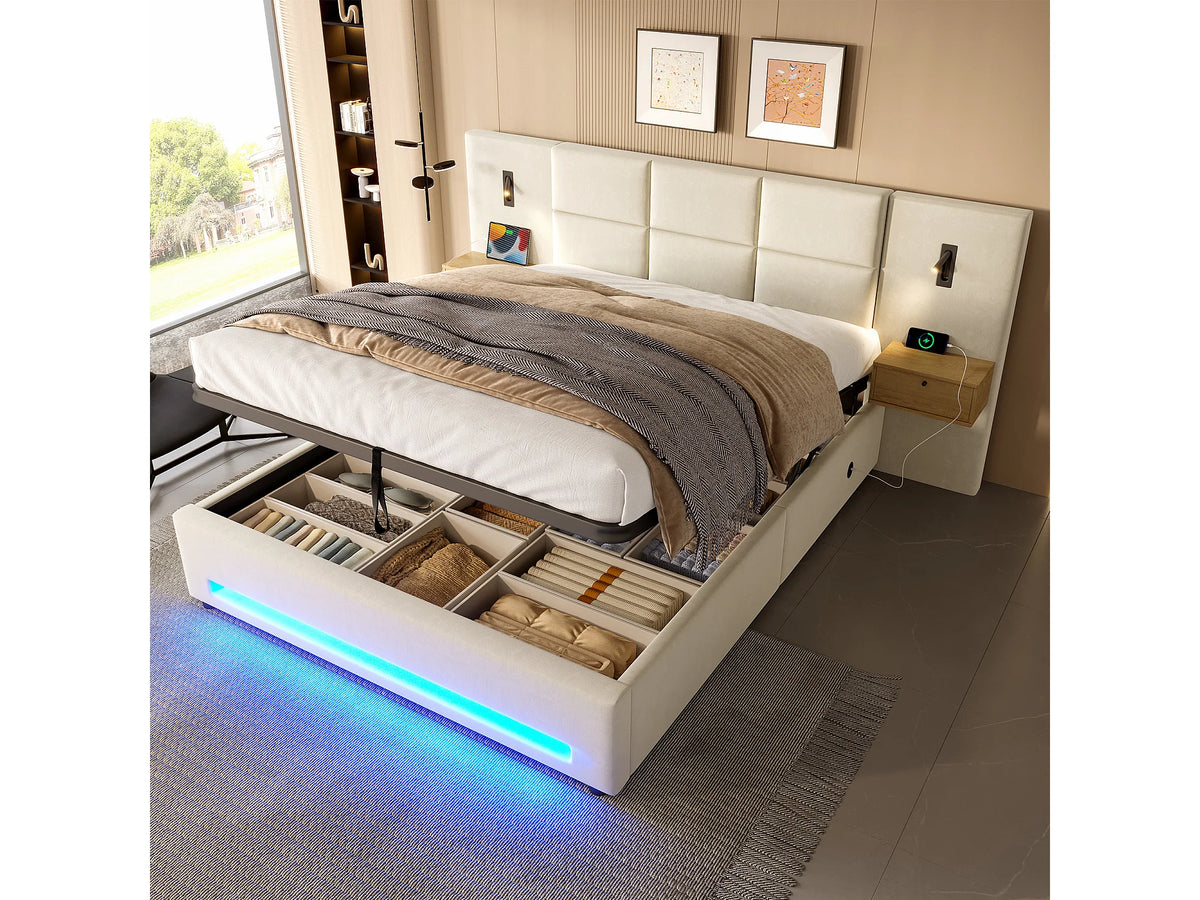 Lit Coffre 180x200 Velours Beige avec Chevets, LED et Port USB