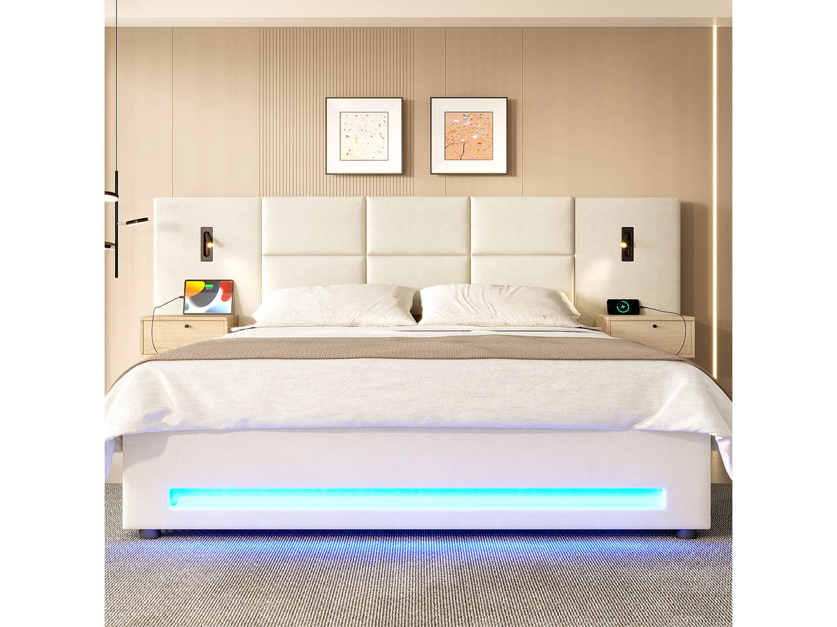 Lit Coffre 180x200 Velours Beige avec Chevets, LED et Port USB — vue 2