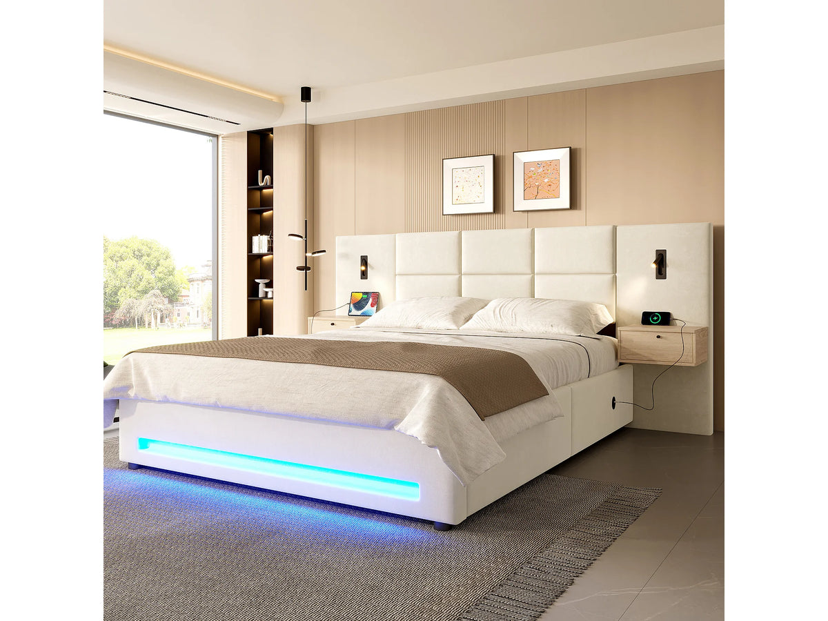 Lit Coffre 180x200 Velours Beige avec Chevets, LED et Port USB — vue 3