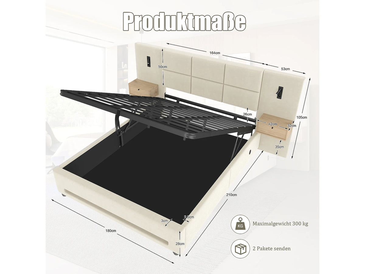 Lit Coffre 180x200 Velours Beige avec Chevets, LED et Port USB — vue 4