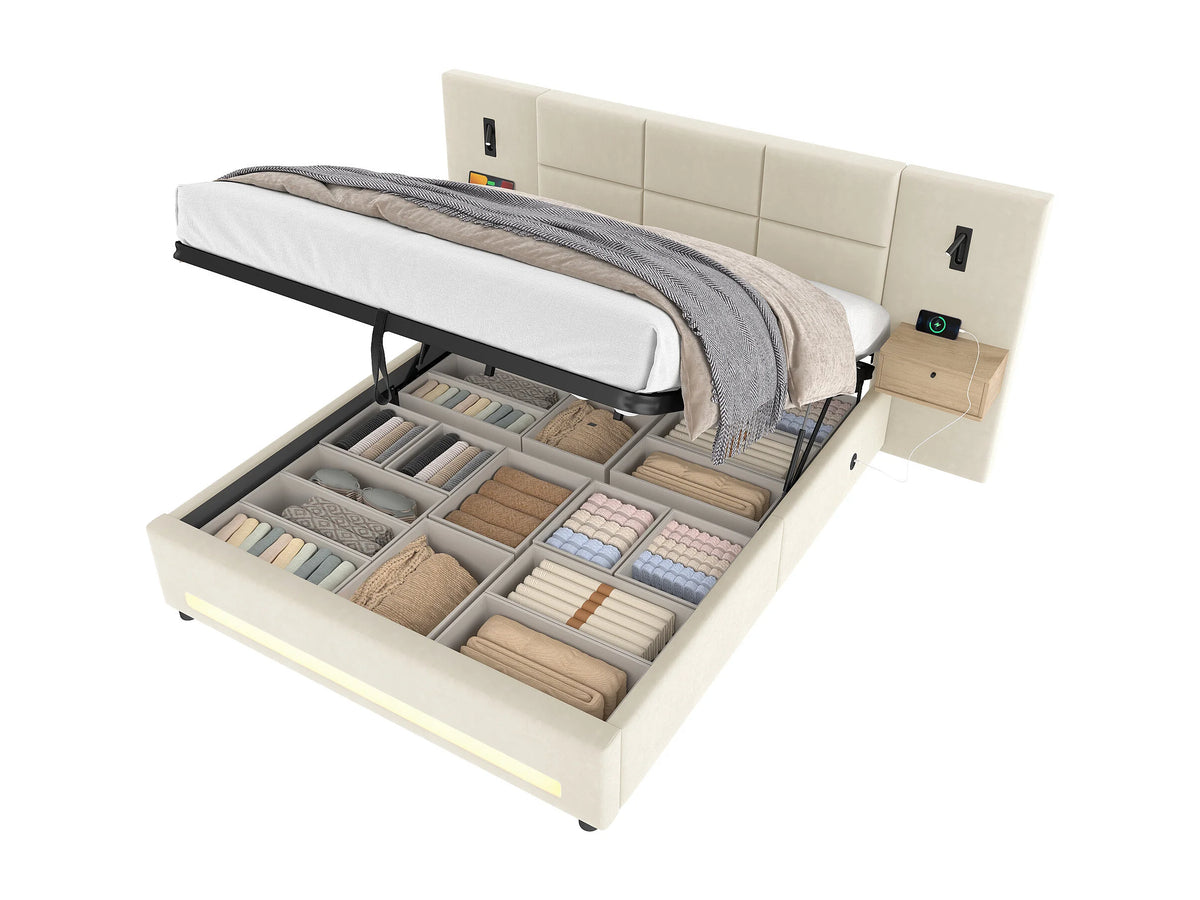 Lit Coffre 180x200 Velours Beige avec Chevets, LED et Port USB — vue 5