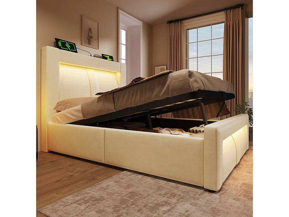 Lit Coffre 90x200 Velours Beige avec Chevets, LED et Port USB — vue 3