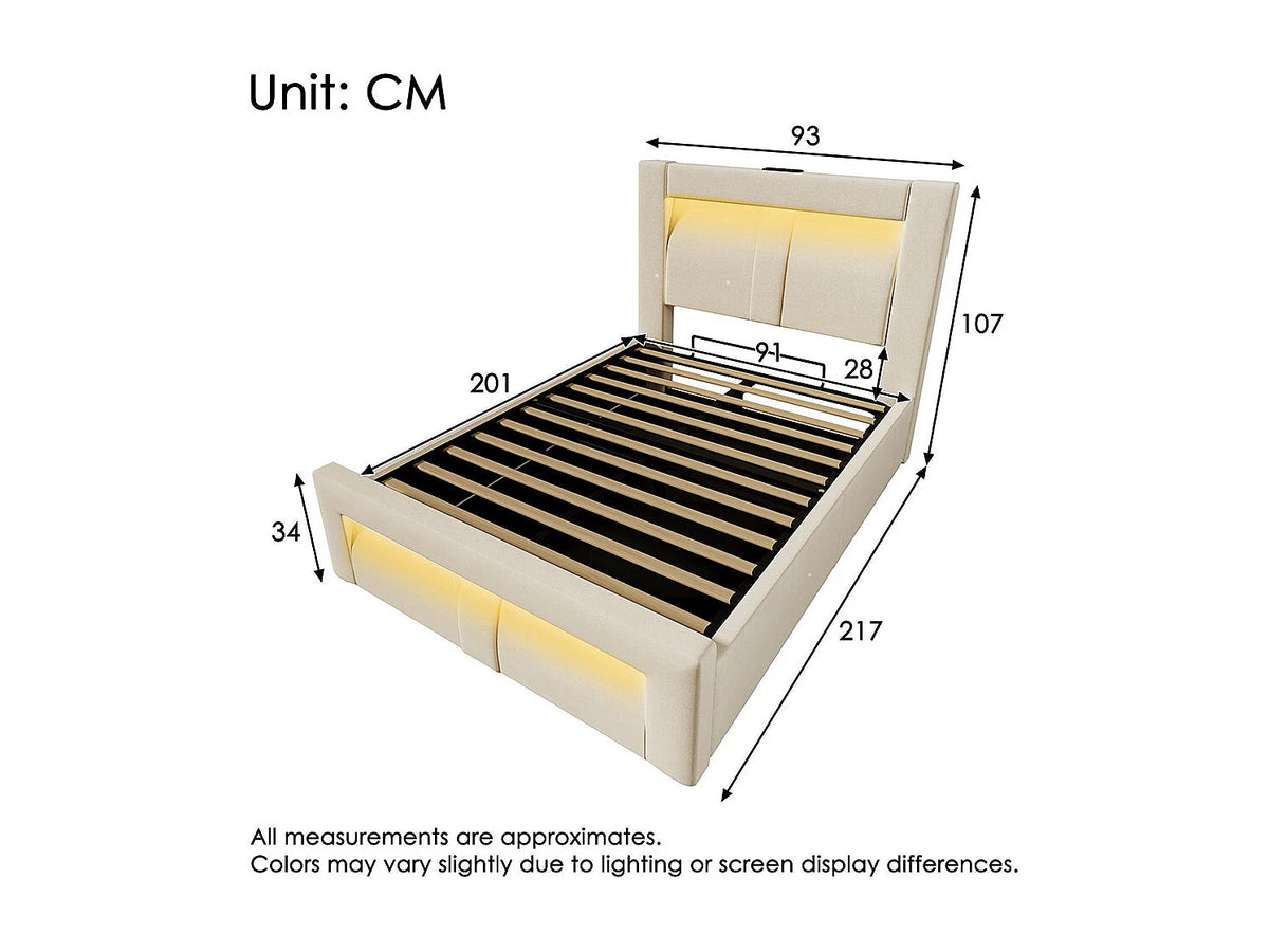 Lit Coffre 90x200 Velours Beige avec Chevets, LED et Port USB — vue 7