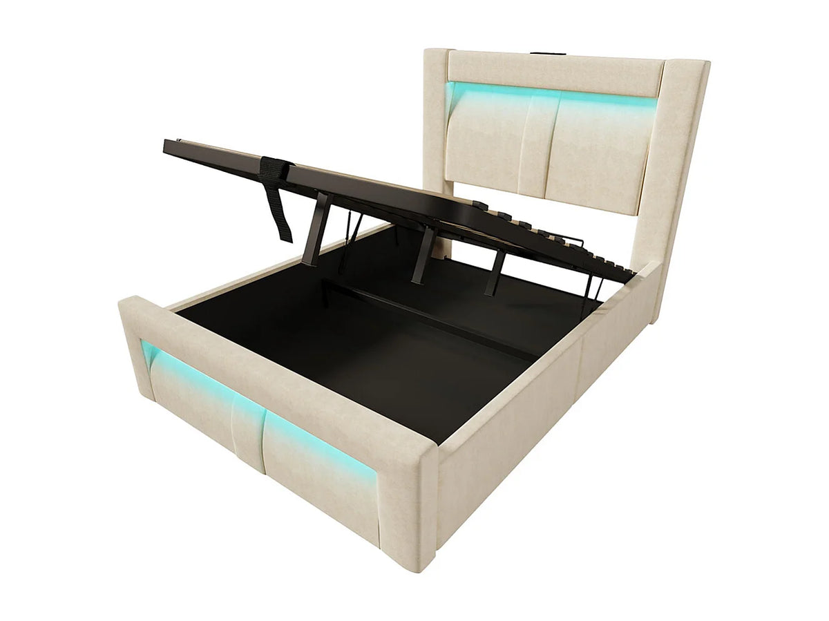 Lit Coffre 90x200 Velours Beige avec Chevets, LED et Port USB — vue 5