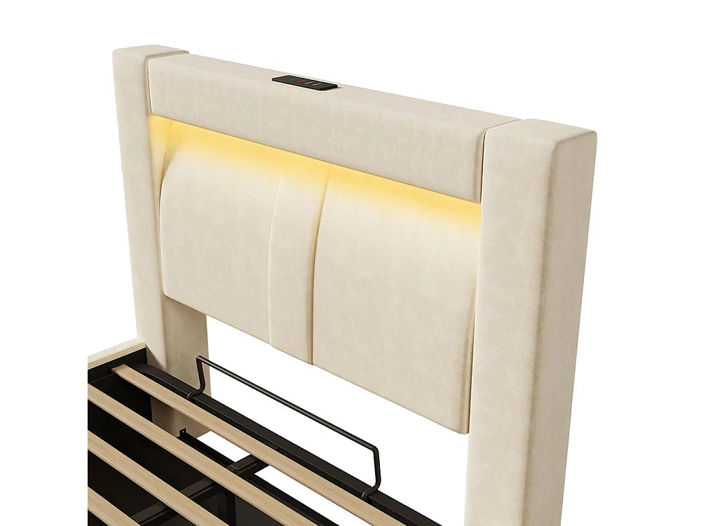 Lit Coffre 90x200 Velours Beige avec Chevets, LED et Port USB — vue 8