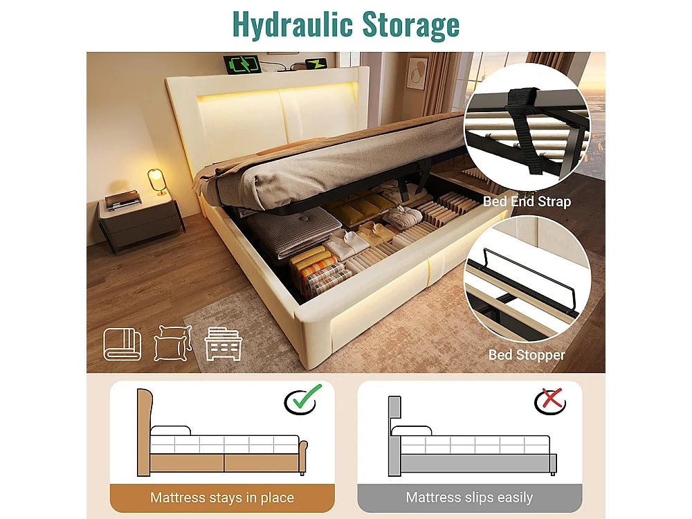 Lit Coffre 90x200 Velours Beige avec Chevets, LED et Port USB — vue 9