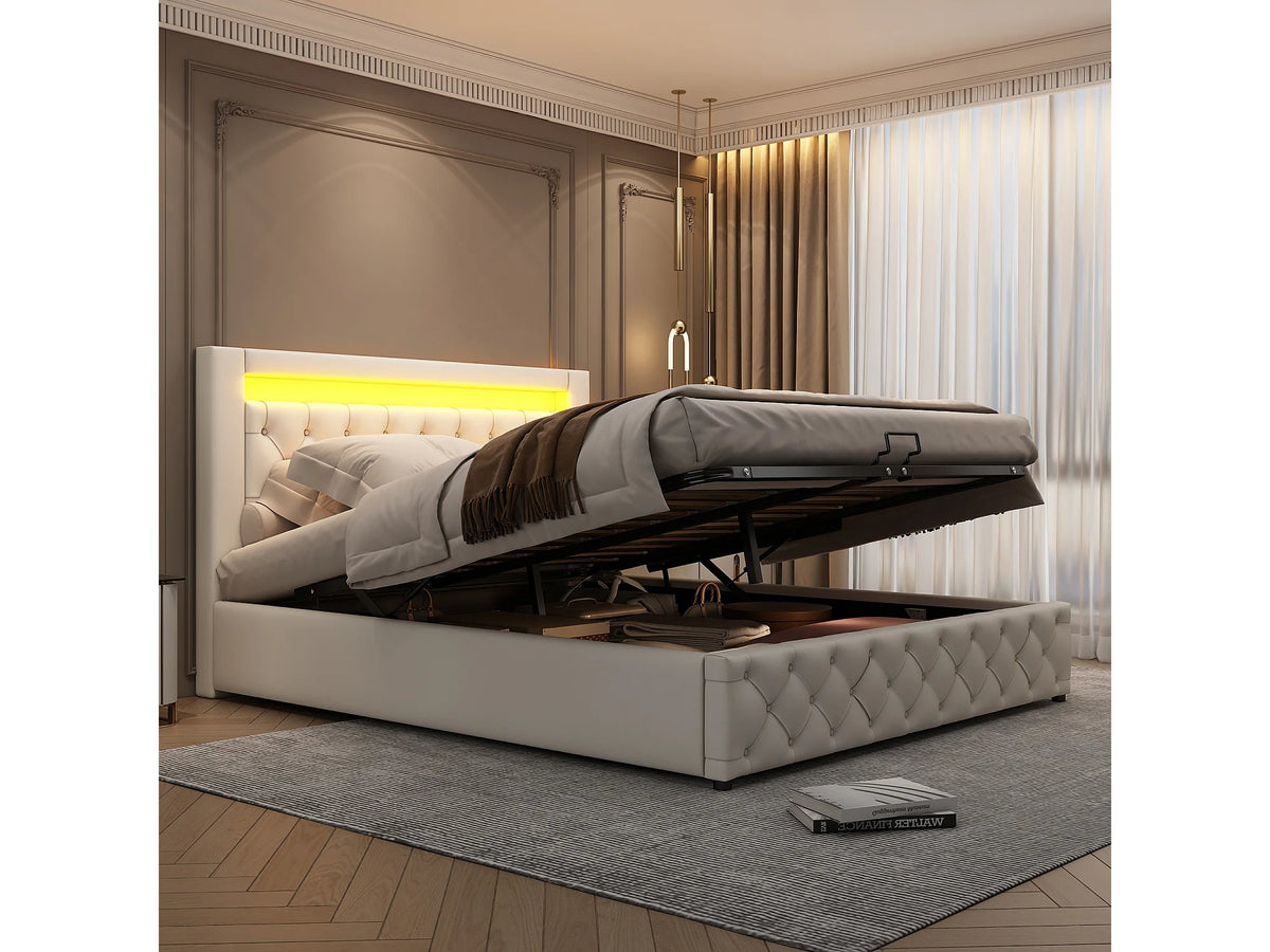 Lit Coffre 140x190 Simili Cuir Blanc avec LED — vue 2