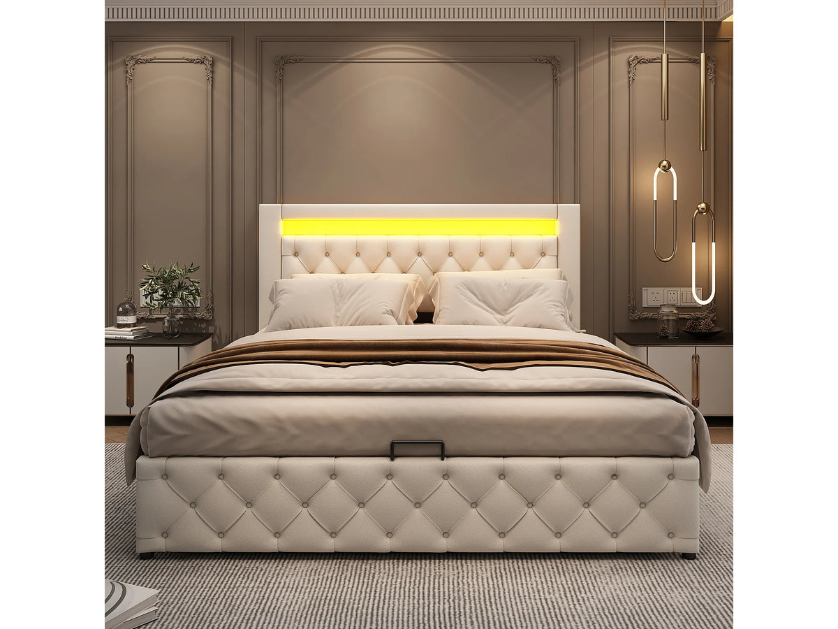 Lit Coffre 140x190 Simili Cuir Blanc avec LED — vue 3