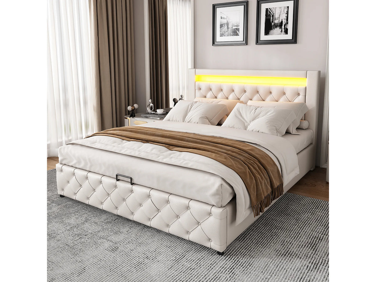 Lit Coffre 140x190 Simili Cuir Blanc avec LED — vue 9