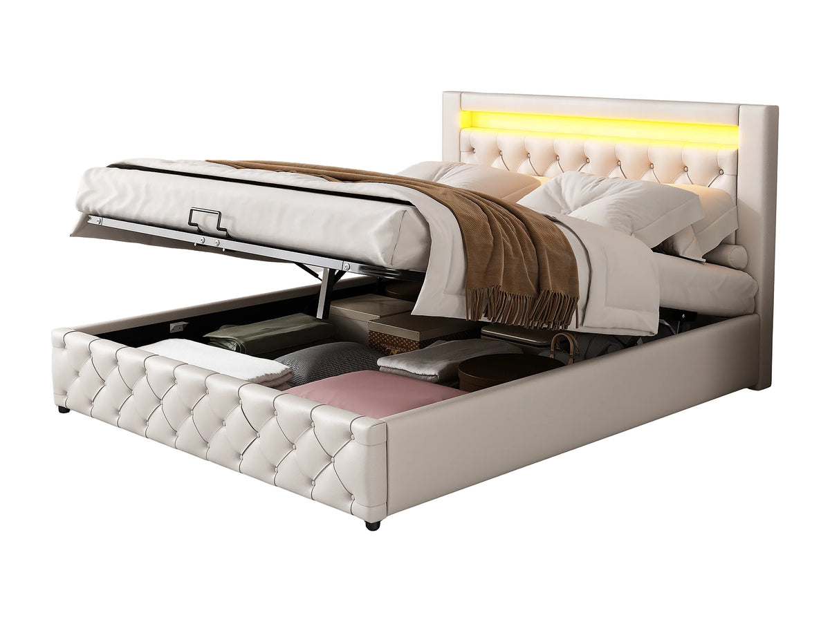Lit Coffre 140x190 Simili Cuir Blanc avec LED — vue 10