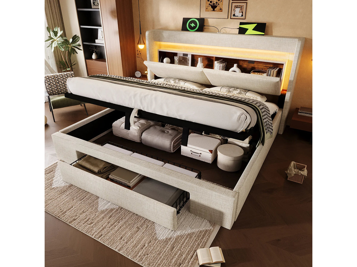 Lit Coffre 140x200 Tissu Lin Beige Capitonné avec LED, Tiroirs et Port USB