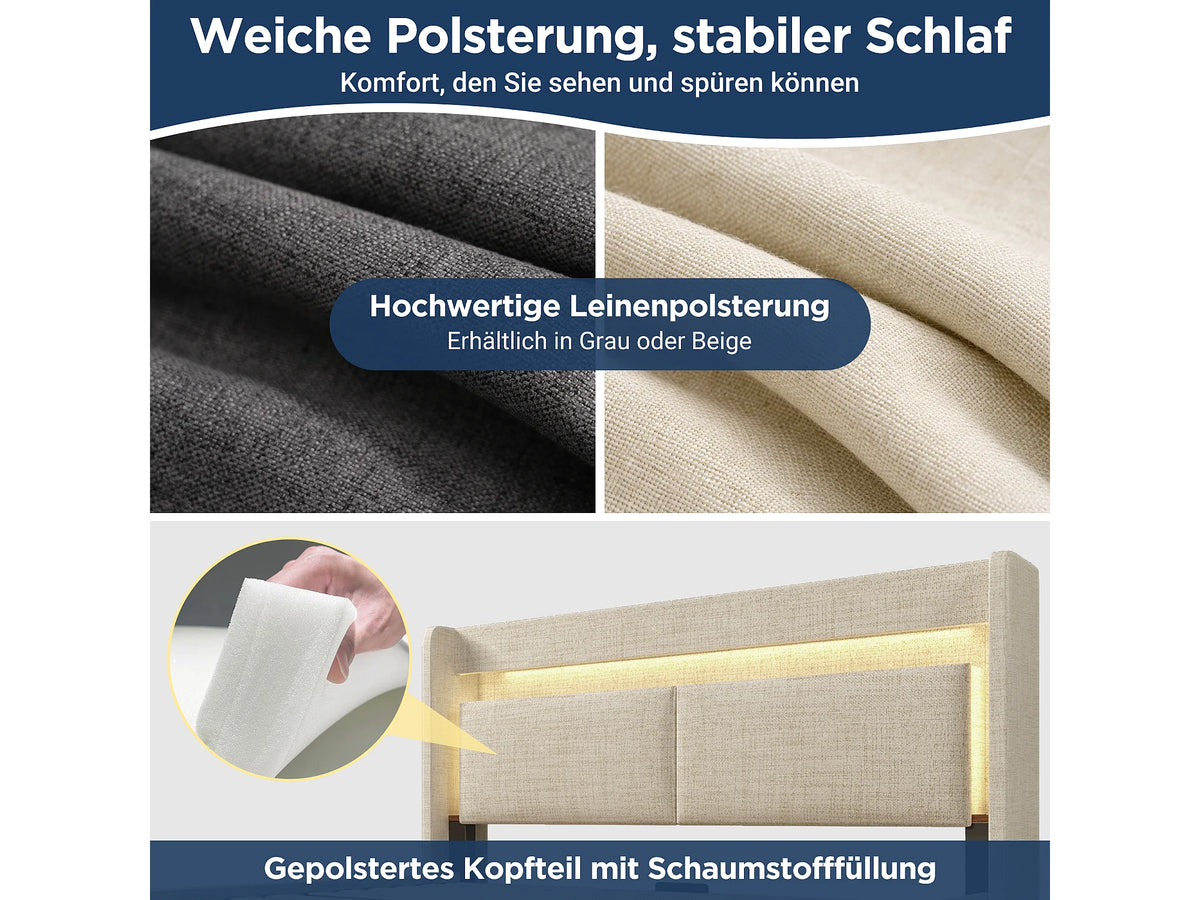 Lit Coffre 140x200 Tissu Lin Beige Capitonné avec LED, Tiroirs et Port USB — vue 7