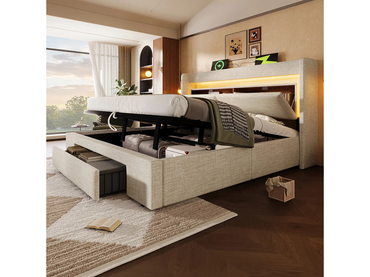 Lit Coffre 140x200 Tissu Lin Beige Capitonné avec LED, Tiroirs et Port USB — vue 2