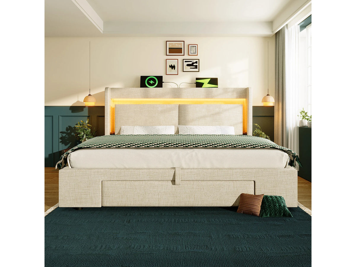 Lit Coffre 160x200 Tissu Lin Beige Capitonné avec LED, Tiroirs et Port USB — vue 3