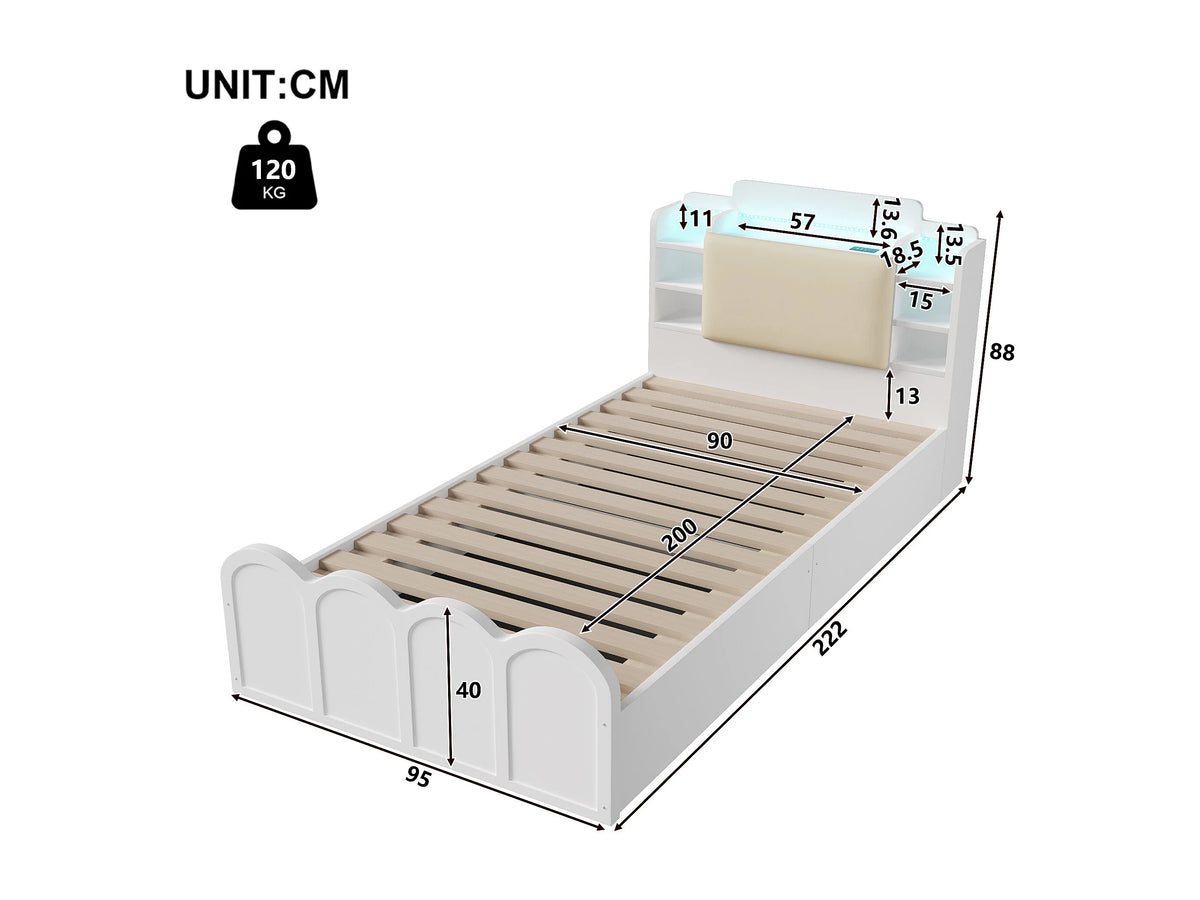 Lit Coffre 90x200 Bois Blanc avec LED et Port USB — vue 7