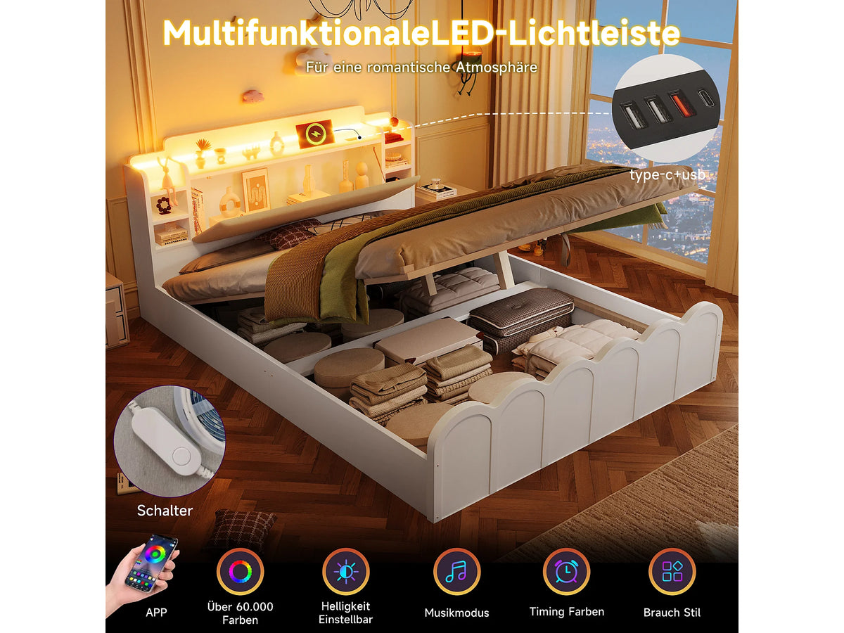 Lit Coffre 140x200 Bois Blanc avec LED et Port USB — vue 8