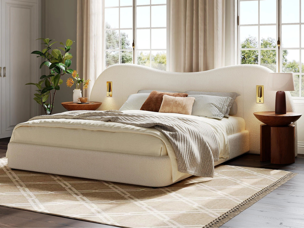 Lit Coffre 180x200 Tissu Bouclette Blanc avec Port USB — vue 3