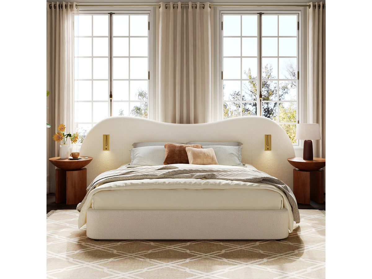 Lit Coffre 180x200 Tissu Bouclette Blanc avec Port USB — vue 9