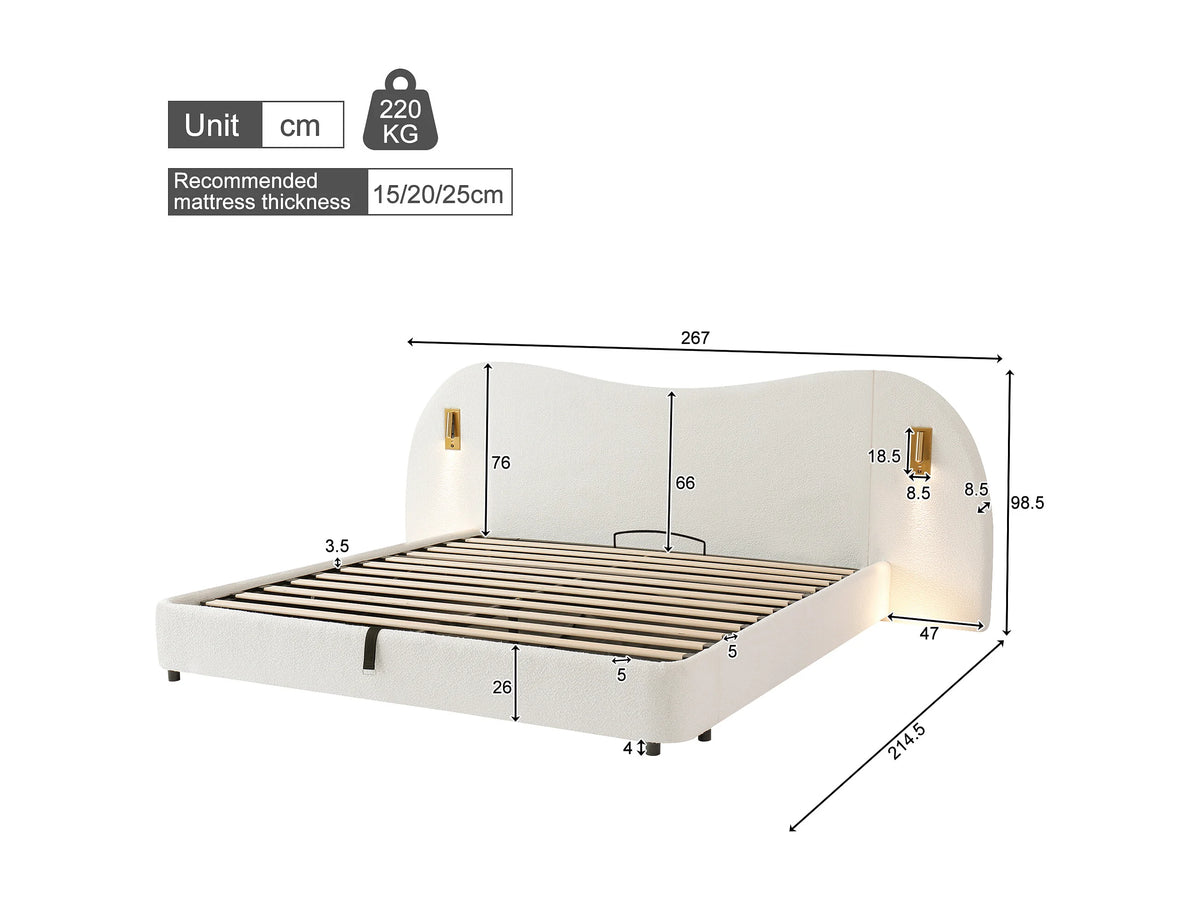 Lit Coffre 180x200 Tissu Bouclette Blanc avec Port USB — vue 6