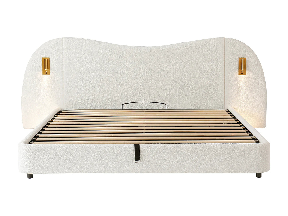 Lit Coffre 180x200 Tissu Bouclette Blanc avec Port USB — vue 5